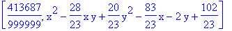 [413687/999999, x^2-28/23*x*y+20/23*y^2-83/23*x-2*y+102/23]